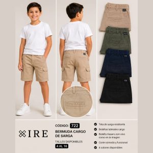 Niño con bermuda cargo de sarga beige IRE 722 y remera blanca, vista frontal