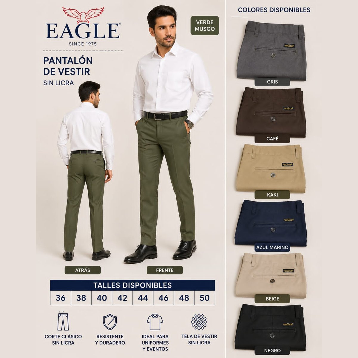 Combo 2 Pantalones de Vestir Hombre Eagle Sin Licra – Talles 36 al 46